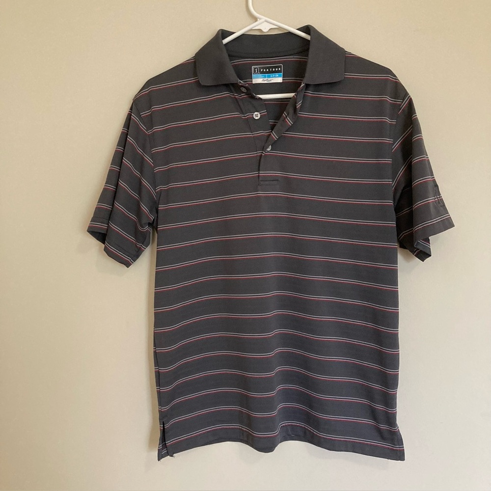 PGA Tour Men's Airflux Short Sleeve Golf Polo Shirt Gray Striped Size Small